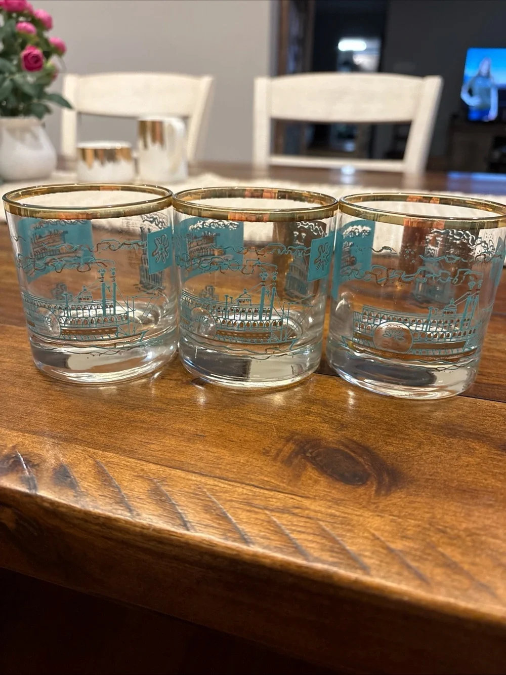 VTG Libbey Southern Comfort Riverboat Steamboat Glass set of 3 Turquoise Gold - Picture 2 of 7